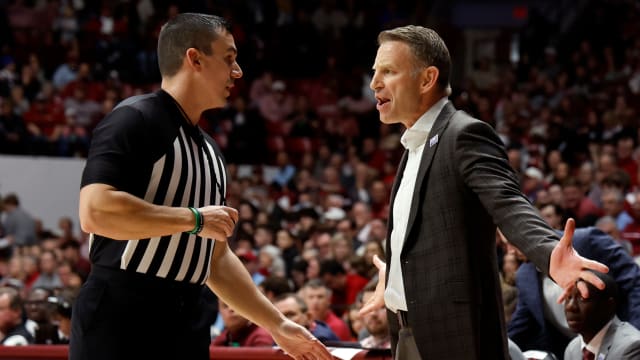 Jan 27, 2024; Tuscaloosa, Alabama, USA; Alabama Crimson Tide head coach Nate Oats is given a technical foul during the first half against the LSU Tigers at Coleman Coliseum. Mandatory Credit: Butch Dill-USA TODAY Sports